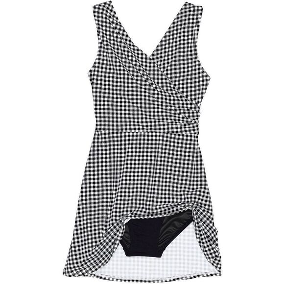 Land’s End surplice wrap black white gingham check one piece swim dress 10 - Picture 1 of 7